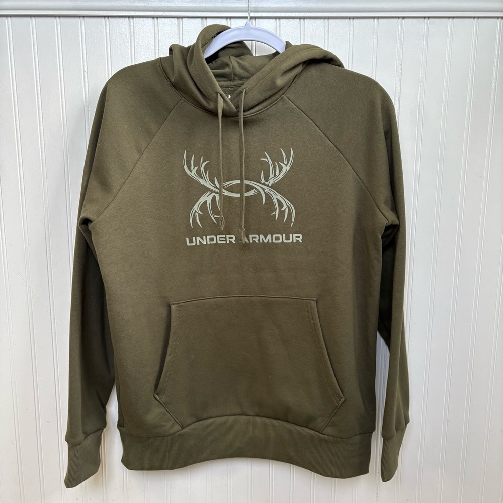 Under Armour UA Army Green Rival Fleece Antler Hoodie Women’s Small NEW